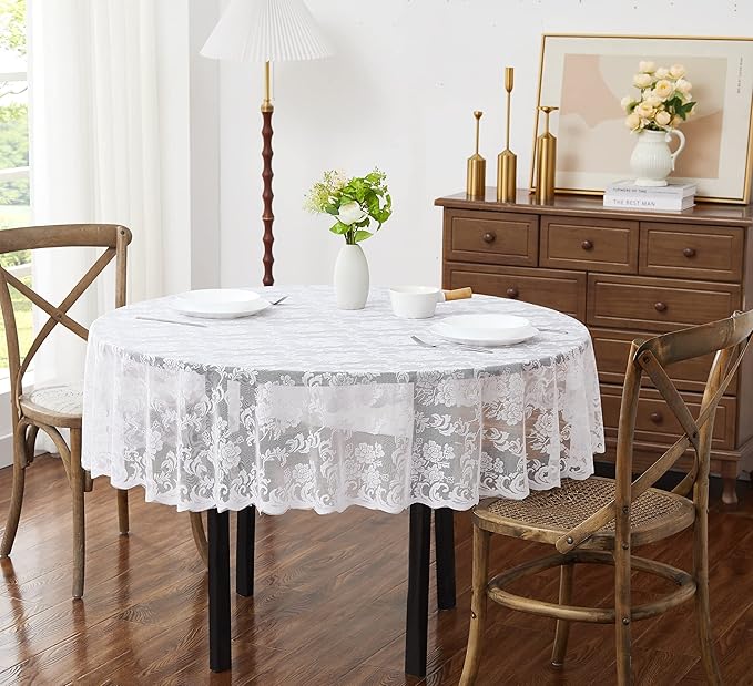 Warm Home Designs Wedding Tablecloth. 48 Inch White Round Table Cover. Elegant Small Tablecloth for Small Tables Features Floral Design for Rustic Kitchen Décor, Wedding Decor. MTC White Round 48