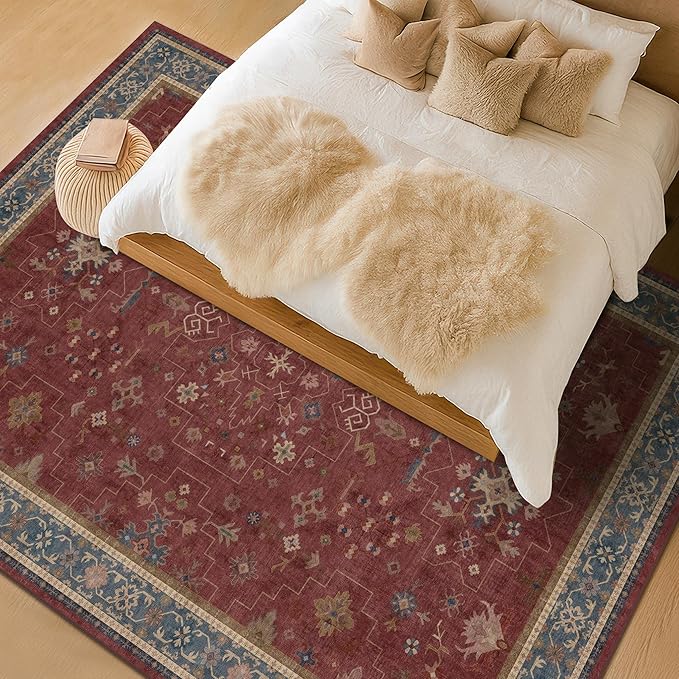 Oriental 8x10 Large Area Rugs for Living Room - Burgundy Rug for Bedroom Under Bed, Dining Room Under Kitchen Table, Washable Soft Non Slip Unique Indoor Décor