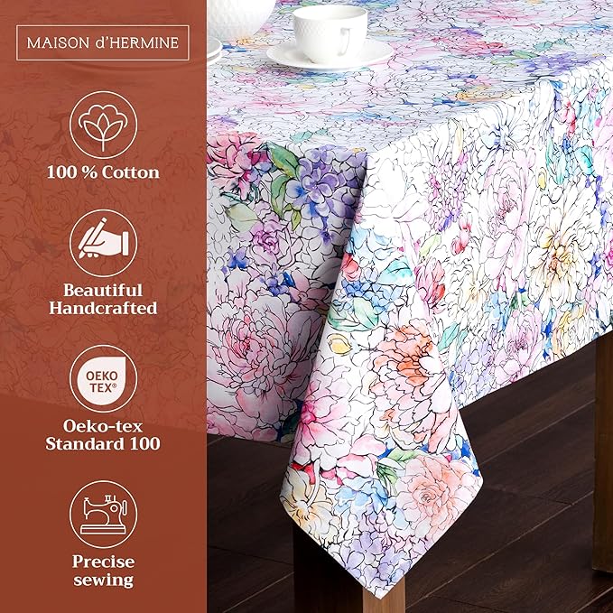 Maison d' Hermine Table Cloth Rectangle Table 100% Cotton 70 x 120 Inches Tablecloth Reusable Decorative for Dining Room Farmhouse Home Valentines Day Decorations Spring Summer - Floral Love