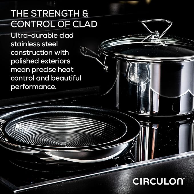 Circulon Clad Stainless Steel Cookware/Pots and Pans and Utensil Set with Hybrid SteelShield and Nonstick Technology, 11 Piece - Silver