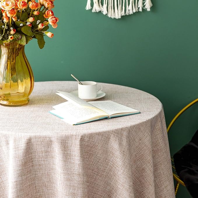 Linen Rustic Burlap Washable Tablecloth,Solid Heavy Weight 90 Inch Round Overlay Lace Edge Table Cover for Kitchen Dinning Decoration