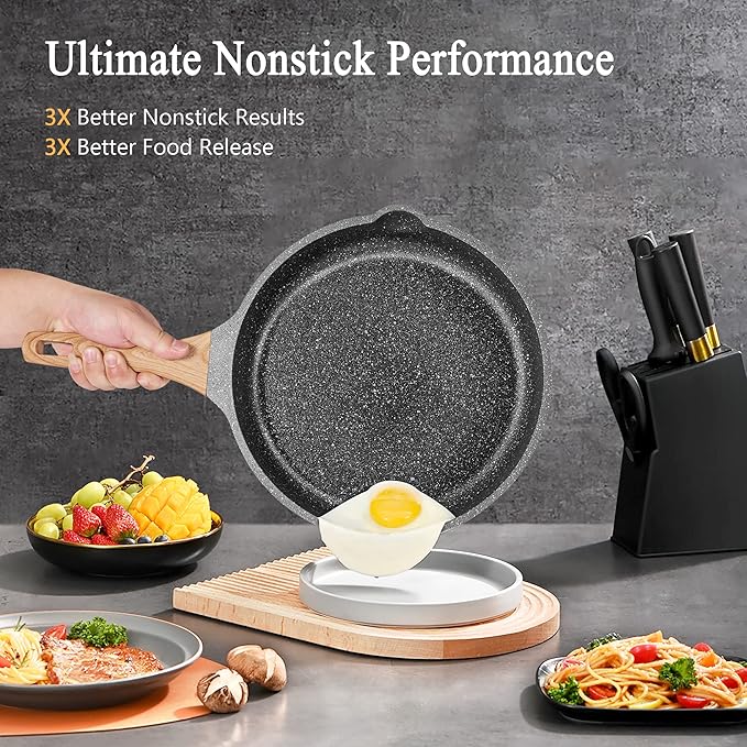 YIIFEEO Non Stick Frying Pan Set with Lids, Granite Skillet Set, Egg Omelette Pans for Cooking Pan Set, No Toxic Kitchen Cookware Set Compatible with All Stovetops (Gas & Induction), PFOA Free, Gift