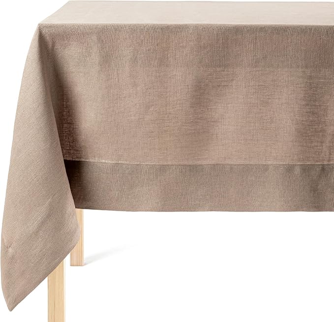 Over&Back 100%-Linen Woven Tablecloth - Colorful Dining Room Table Cover - Mitered Corner Hems - Machine Washable - Kitchen and Home Decor - Taupe - 70x90