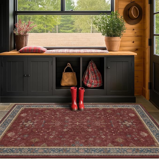 Washable 3x4 Rugs for Entryway - Burgundy Large Kitchen Rug, Non Slip Inside Door Mats for Home Entrance, Unique Bohemian Red Low Pile Thin Carpet for Bedroom Bedside, Foyer