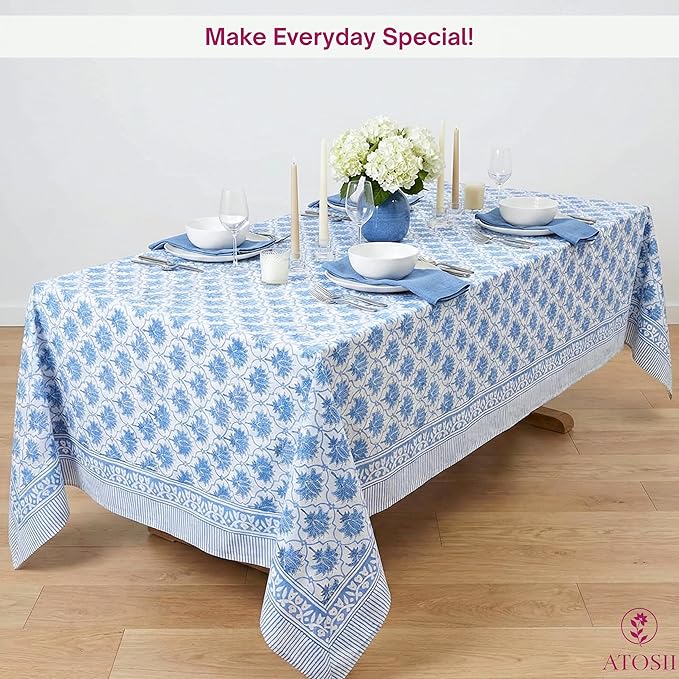 ATOSII Padma Blue 100% Cotton Square Summer Tablecloth, Indian Block Print Floral Table Cloth I Dining Parties Weddings Outdoors Holidays 60 X 60 Inches, 4 Seater I Grandmillennial Farmhouse Boho