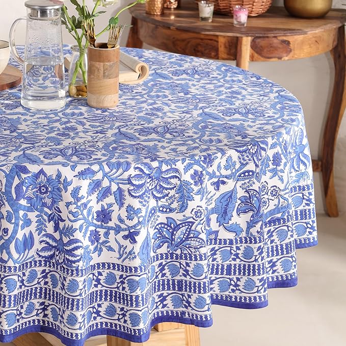 Hand Block Printed Table Cover - Exquisite Design, Premium Cotton Fabric, Perfect for Dining and Decor, Dining Table Linen(Midnight Blue,8 Seater 90 Inches Round)
