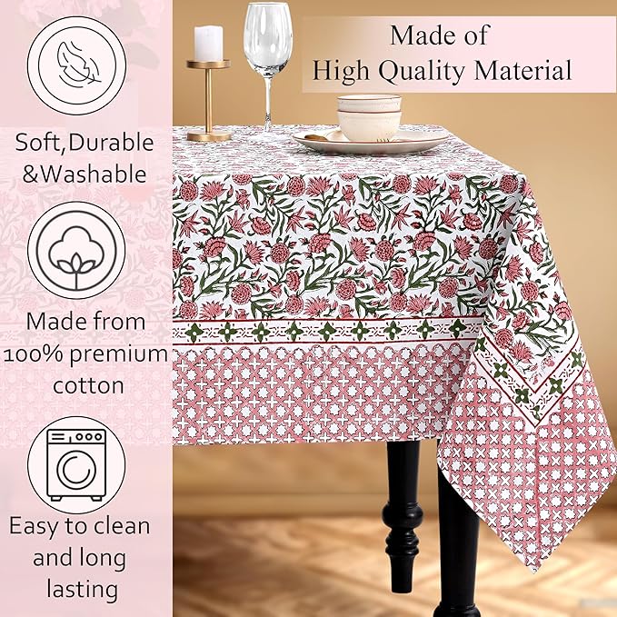 CPC Tablecloth 100% Cotton 70x118 Inch Indian Block Print Rectangle Table Cover, Table Cloth for Weddings, Spring/Summer, Barbeque - Red Garnet