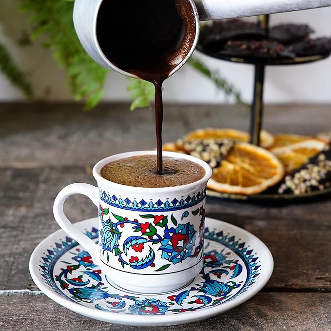 Turkish Coffee Cup Set of 6 with Saucers & Holder – Ceramic, Dishwasher-Safe, Keeps Warm – Patterned Turkish Espresso Cups Set for Home & Office (Set Of 6)