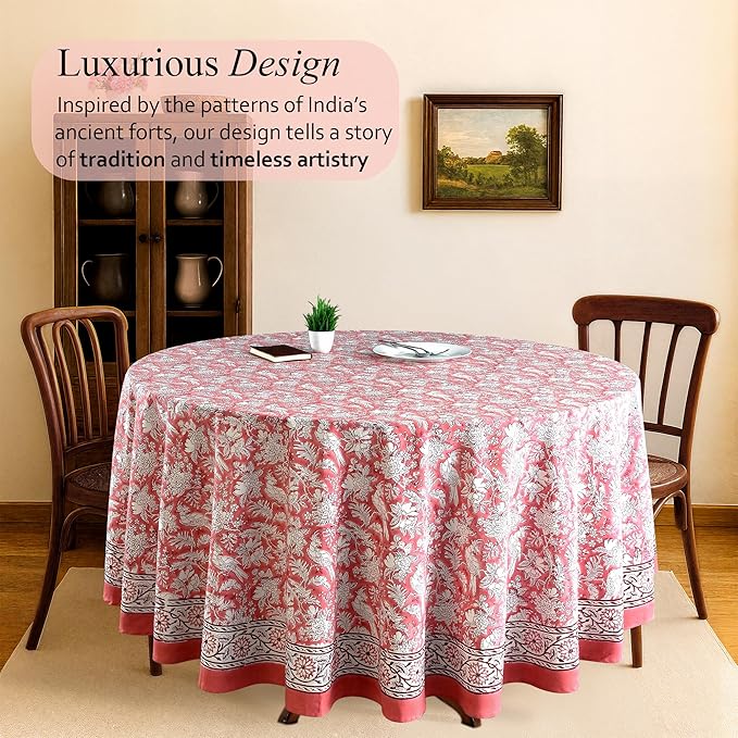 CPC Round Tablecloth- Cotton Indian Block Print Tablecloth -Handmade Printed Washable Cotton Table Cloth - Spring/Summer, Wedding Table Cover - Coral Pink 90 Inch