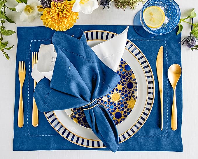 Solino Home Linen Napkins Set of 4 - Classic Hemstitch 100% Pure Linen Indigo Blue Dinner Napkins Cloth 20 x 20 Inch for Spring, Easter - Handcrafted and Machine Washable