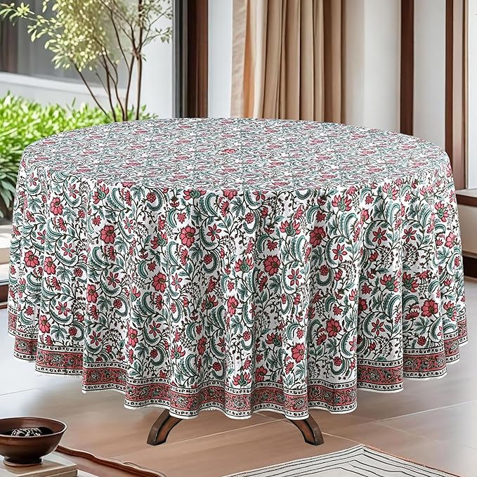 Ridhi Block Print Round Tulip Pink Reusable Tablecloth 100% Cotton 120" Inch Decorative Table Cover eveyday Dining, Home, Party, Wedding, Farmhouse Gift for Spring, Easter, Valentine