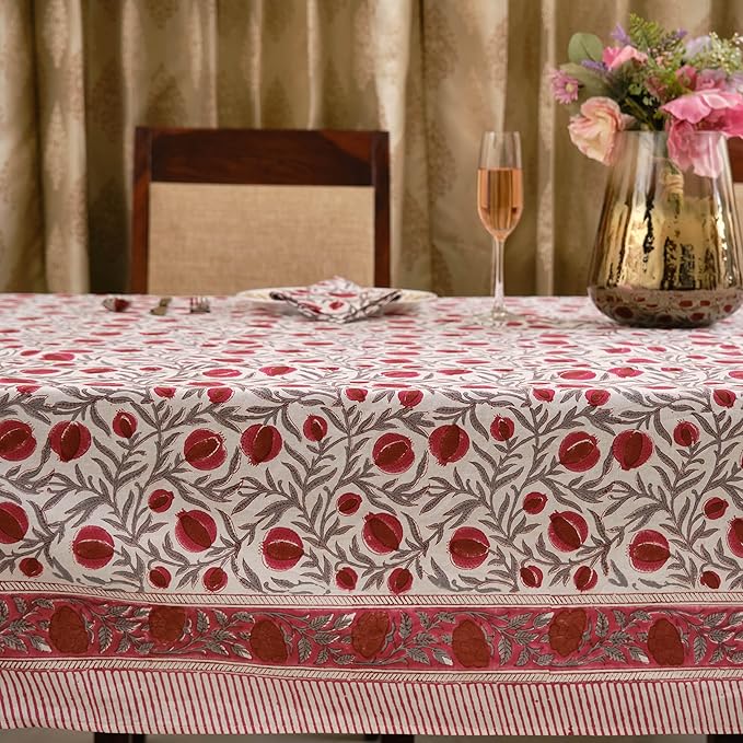 Ridhi Hand Block Print Sangria Red Rectangle Cotton Tablecloth 140" x 72" Reusable Table Cover Decorative Everyday Use for Dining, Farmhouse, Home Gift for Spring, Easter, Valentine