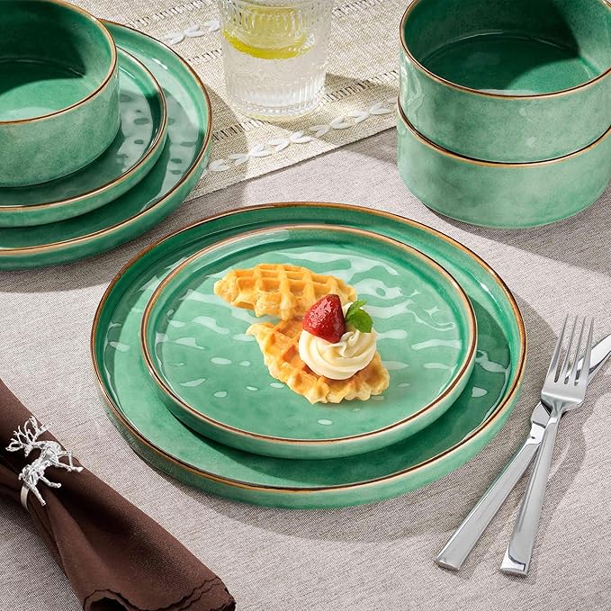 Herogo 12 Pieces Dinnerware Dish Sets for 4, Plates and Bowls Sets for Home Kitchen, Ceramic Dining Dishware, Dishwasher & Microwave Safe, Gemstone Green