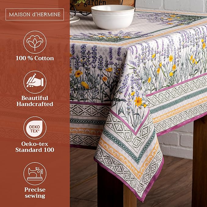 Maison d' Hermine Table Cloth Rectangle Table 100% Cotton 70 x 108 Inches Tablecloth Reusable Decorative for Dining Room Farmhouse Home Valentines Day Decorations Spring Summer - Fanny Lavender