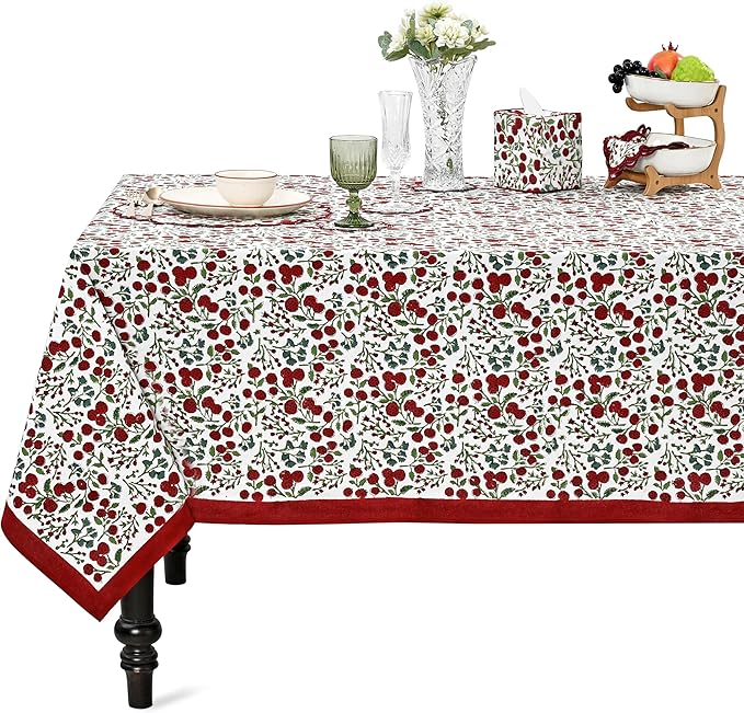 Ridhi Hand Block Print Garnet Red Rectangle Cotton Tablecloth 108" x 70" Reusable Table Cover Decorative Everyday Use for Dining, Farmhouse, Home Gift for Spring, Easter, Valentine