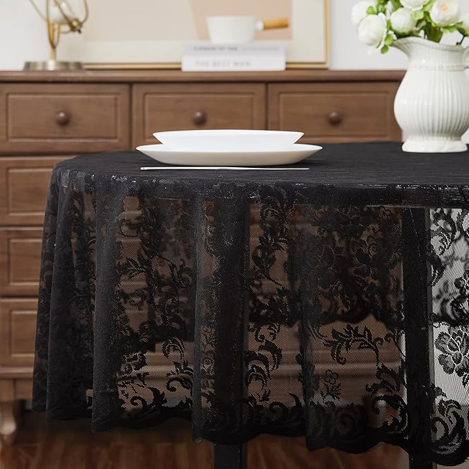 Warm Home Designs Gothic Tablecloth. 90 Inch Round Black Tablecloth. Elegant Lace Halloween Tablecloths for Round Tables Features Floral Design for Rustic Kitchen or Wedding Decor. MTC Black Round 90