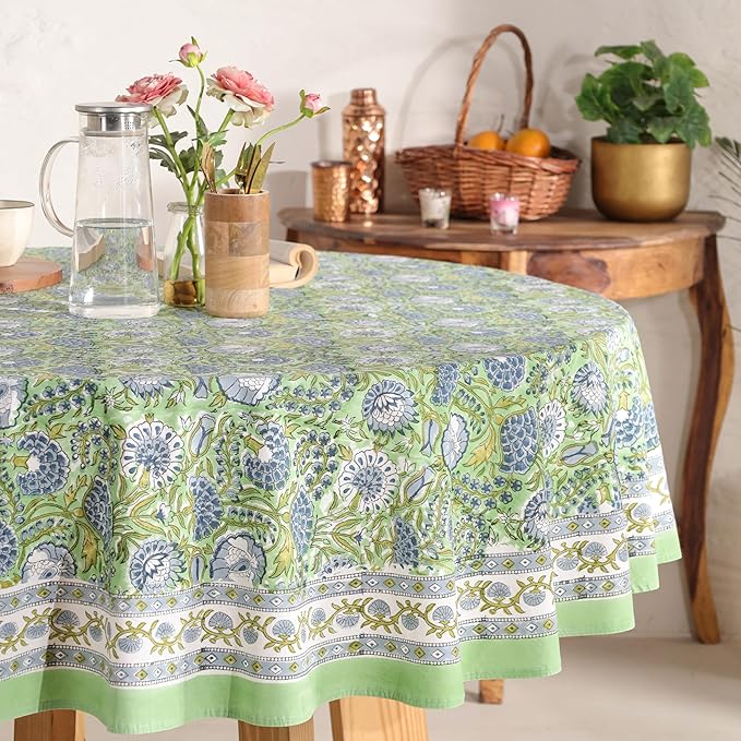 Hand Block Printed Table Cover - Exquisite Design, Premium Cotton Fabric, Perfect for Dining and Decor, Dining Table Linen(Asparagus Green,6 Seater 72 Inches Round)