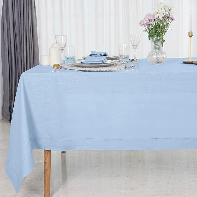 D'Moksha Homes Powder Blue Linen Tablecloth 60 x 108 Inch - 100% Pure Linen Blue Table Cloth for Rectangle Tables - Classic Hemstitch, Machine Washable Tablecloth for Spring, Easter