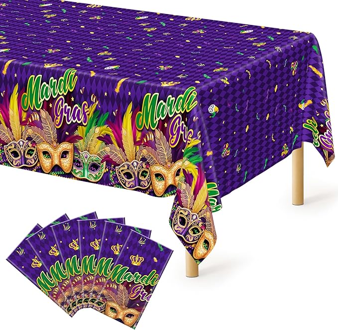 6 Pcs Mardi Gras Decorations, 54 X 108 Inches Mardi Gras Tablecloth Rectangular Table Cover, Disposable Purple Masquerade Mask Feather Tablecover, Plastic Tablecover For Masquerade Party Decorations