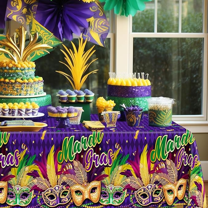6 Pcs Mardi Gras Decorations, 54 X 108 Inches Mardi Gras Tablecloth Rectangular Table Cover, Disposable Purple Masquerade Mask Feather Tablecover, Plastic Tablecover For Masquerade Party Decorations