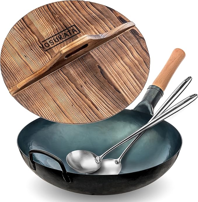 YOSUKATA Blue Round Bottom Wok Pan – 14" + Premium Wok Cover 14 inch Pan Lid +Set of 2 Heat-Resistant Tools