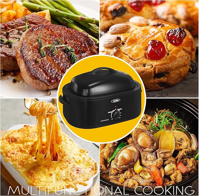22-Quart Electric Roaster Oven with Removable Pan and Self-Basting Lid, Perfect for Turkey Roasting with Temperature Control from 150 to 450°F and Cool-Touch Handles，Black