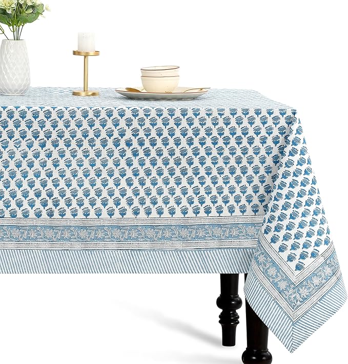 CPC Tablecloth 100% Cotton 60x90 Inch Indian Block Print Rectangle Table Cover, Washable Table Cloth for Weddings, Spring/Summer, Barbeque - Apatite Blue