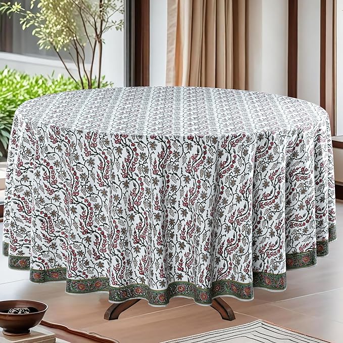 Ridhi Block Print Round Coral Pink Trails Reusable Tablecloth 100% Cotton 90" Inch Decorative Table Cover eveyday Dining, Home, Party, Wedding, Farmhouse Gift for Spring, Easter, Valentine
