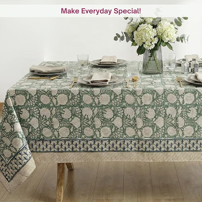 ATOSII Jade 100% Cotton Rectangle Boho Fall Tablecloth, Handblock Floral Table Cloth Linen for Kitchen Dining I Parties Wedding Outdoors Thanksgiving Easter Picnics I 72 X 120 Inches I 10 Seater