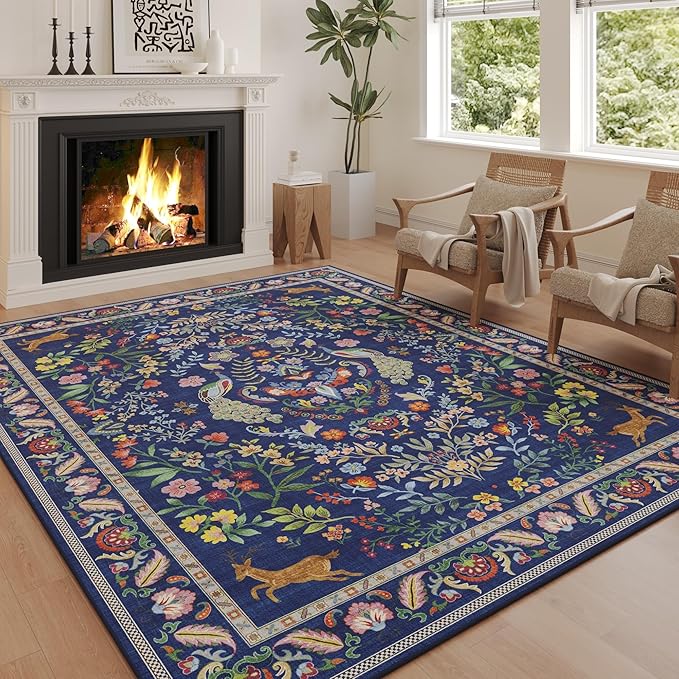 Rugcomf Living Room Rug 5x7 Rug Machine Washable Area Rug Floral Non-Slip Low Pile Large Rugs for Living Room, Bedroom, Farmhouse, Dining Room, Kids Playroom(Blue)