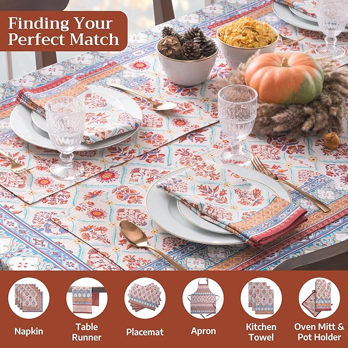 Maison d' Hermine Table Cloth Rectangle Table 100% Cotton 70 x 120 Inches Fall Tablecloth Reusable Everyday Use for Thanksgiving Christmas Decorations Dining Farmhouse Party (Romane)