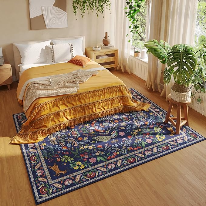 Rugcomf 8x10 Area Rugs for Living Room Washable Rug Floral Non-Slip Large Rug for Living Room, Bedroom, Farmhouse, Dining Room, Kids Playroom(Blue)