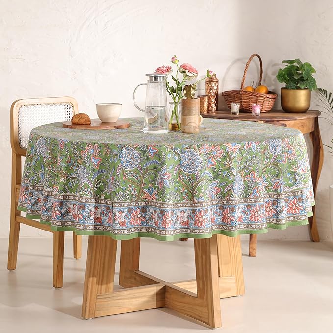 Hand Block Printed Table Cover - Exquisite Design, Premium Cotton Fabric, Perfect for Dining and Decor, Dining Table Linen (Forest Ash Elegance, 8 Seater 90 Inches Round)