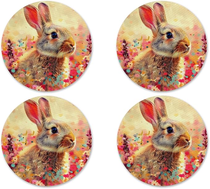 Happy Easter Bunny Design Cute Neoprene Drink Coasters (Set of 4) Spring Coffee Table Patio Decor - Handmade by The Painted Pug (Easter Bunny)