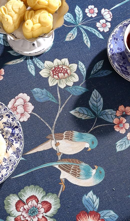 patdrea Designer Dark Blue Linen Rectangle Tablecloth,Vintage Navy French Floral and Birds Pattern Table Cloth,Decoration Table Cover for Kitchen,Dining,Tea Party,Home,Christmas,55"*71"