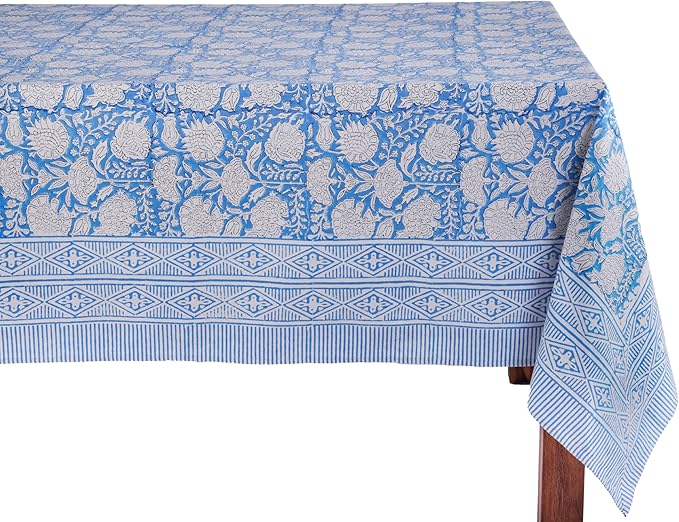 ATOSII Azora Blue 100% Cotton Rectangle Summer Tablecloth, Handblock Floral Table Cloth for Dining Table I Parties Wedding Outdoors I Grand Millennial Decor 60 X 108 Inches I 8 Seater Memorial Day