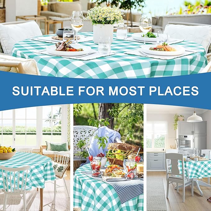 Hiasan Checkered Round Tablecloth 120 Inch - Waterproof Stain and Wrinkle Resistant Washable Fabric Table Cloth for Dining Room Party Outdoor Picnic,Aqua and White