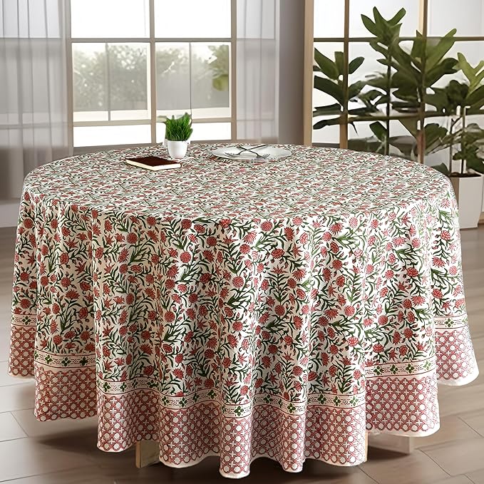 CPC Round Tablecloth- Cotton Indian Block Print Tablecloth -Handmade Printed Washable Cotton Table Cloth - Spring/Summer, Wedding Table Cover - Red Garnet 110 Inches
