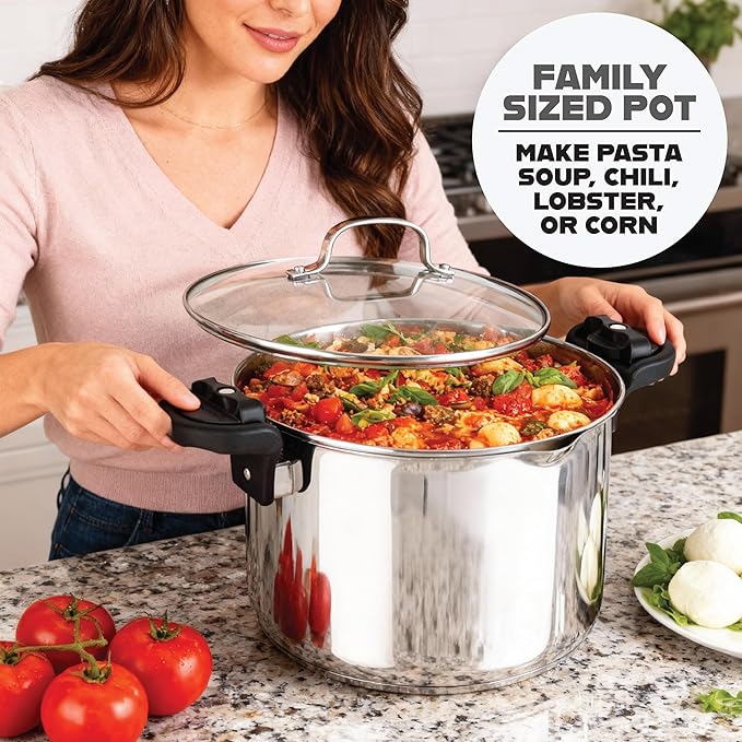GOTHAM STEEL 8 Qt Stainless Steel Stock Pot Multipurpose Pasta Pot with Strainer Lid & Twist and Lock Handles, for Soup, Spaghetti, Rice, Induction Ready, Dishwasher Safe
