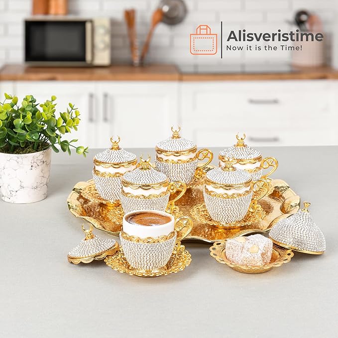 Alisveristime 27 Pc Ottoman Turkish Greek Arabic Coffee Espresso Serving Cup Saucer Crystal Set (Gelincik) - Handcrafted Traditional Set with Hilal Motifs (Gold)