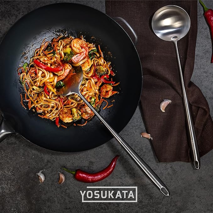 YOSUKATA Carbon Steel Wok and Stir Fry Pans 13,5 “ + 17’’ Wok Spatula and Ladle