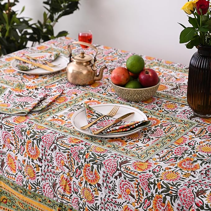 Hand Block Printed Cotton Tablecloth – Elegant Floral Design Perfect for Dining Table Kitchen Parties Home Decor, Wall Tapestry (Yellow Sunflower, 4 Seater 60 x 60 Inches Square)