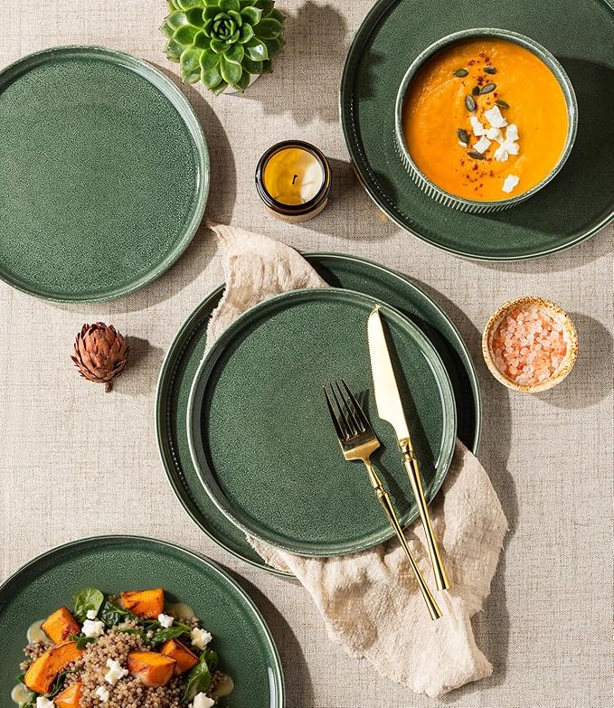 GBHOME 24-Piece Stoneware Dinnerware Set for 8 – Ribbed Ceramic Plates and Bowls, Scratch-Resistant, Microwave & Dishwasher Safe, Reactive Glaze, Dark Green