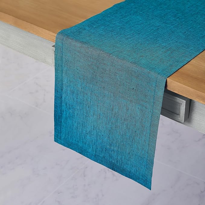 Solino Home Linen Small Table Runner 48 Inches - Athena, 100% Pure Linen Chambray Teal Table Runner 14 x 48 Inch Ideal for Dresser and Coffee Tables, Spring, Easter, St Patricks Day