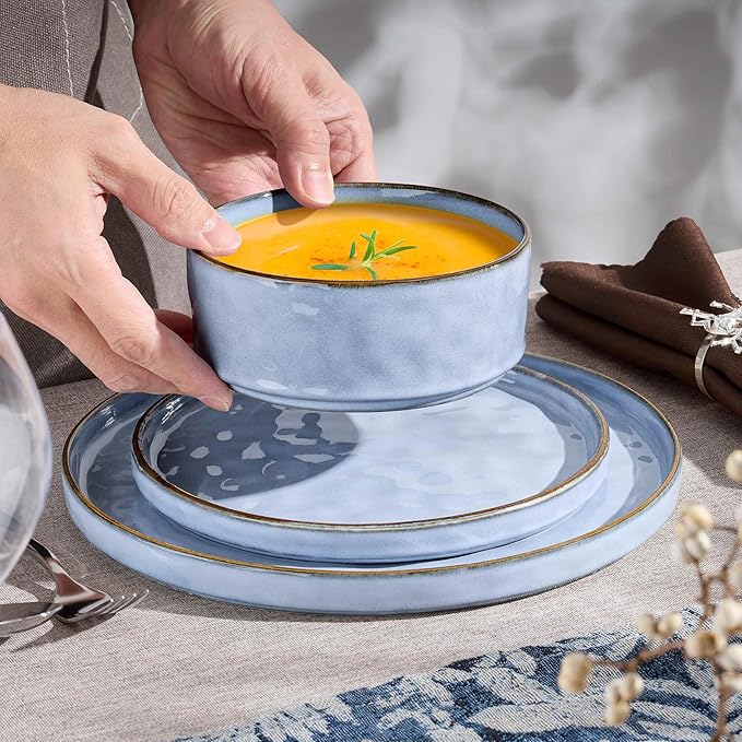 Herogo 18 Pieces Dishes Sets for 6, Stoneware Dinnerware Dishwasher & Microwave Safe, Ceramic Plates and Bowls Sets for Kitchen Restaurant, Haze Blue