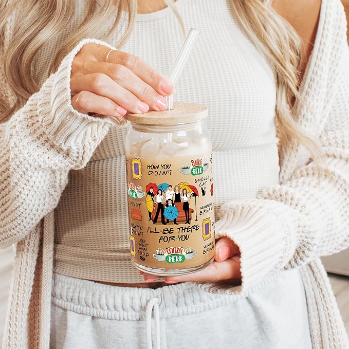 Sip-Sip Hooray! Friend 16oz Glass Can Cup with Lid and Straw, Friend Gifts, Glass Can Cup, Fan Gift, Iced Coffee Glass Cup