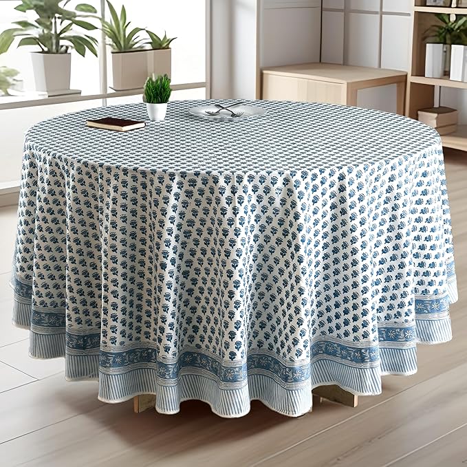 CPC Round Tablecloth- Cotton Indian Block Print Tablecloth -Handmade Printed Washable Cotton Table Cloth - Spring/Summer, Wedding Table Cover - Apatite Blue 120 Inch