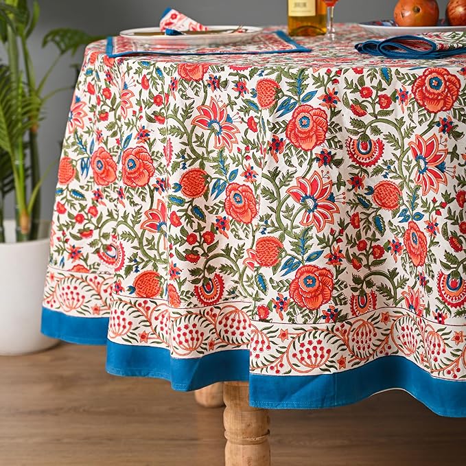 Hand Block Printed Cotton Tablecloth – Elegant Floral Design Perfect for Dining Table Kitchen Parties Home Decor, Wall Tapestry (Peach Floral, 10 Seater 108 Inches Round)
