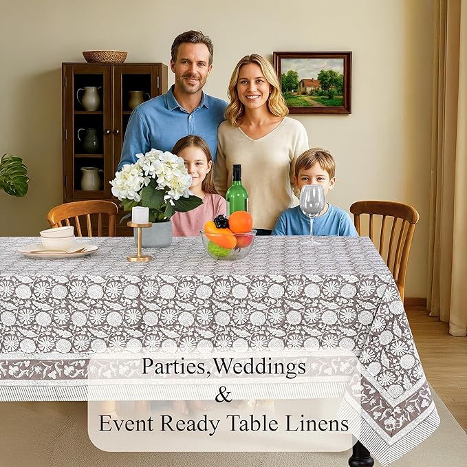 CPC Rustic Brown Tablecloth 100% Cotton 70x118 Inch Indian Block Print Rectangle Table Cover, Table Cloth for Gifting in Weddings, Halloween, Fall, Christmas, Thanksgiving