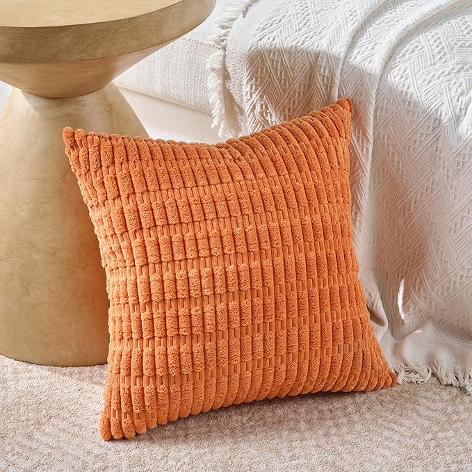Fancy Homi Set of 4 Burnt Orange Fall Boho Decorative Throw Pillow Covers 26x26 Inch for Couch Bed Sofa, Aesthetic Modern Bohemian Room Decor, Fuzzy Fluffy Cozy Corduroy Textured Cushion Case 66x66cm